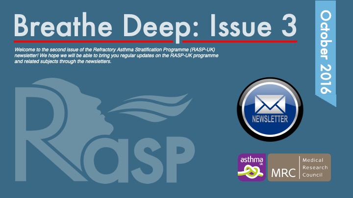 Header for Breathe Deep newsletter Issue 3, October 2016, featuring RASP logo and Medical Research Council asthma branding on blue background.